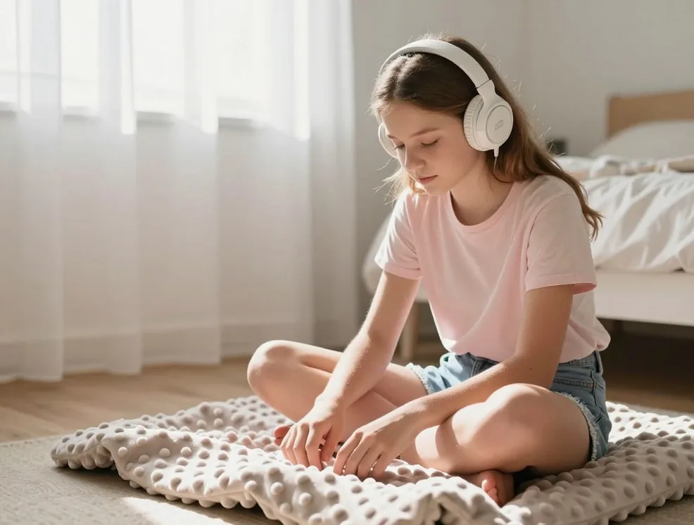 Teenage girl with headphones sitting cross-legged on the floor of her bedroom gently running her fingers over a quilted blanket
